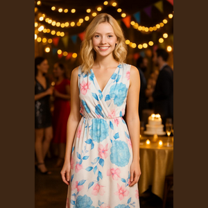 Floral V-Neck Sleeveless Dress in White with Blue & Pink Blooms